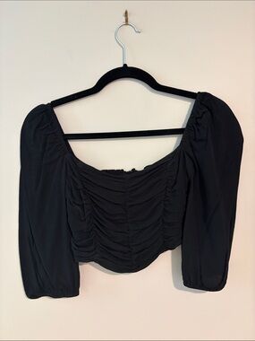 Wilfred Black Ruched Square-Neck Puff-Sleeve Crop Top